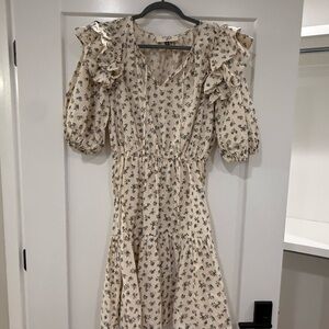 Elegant Floral Midi Dress with Ruffle Sleeves